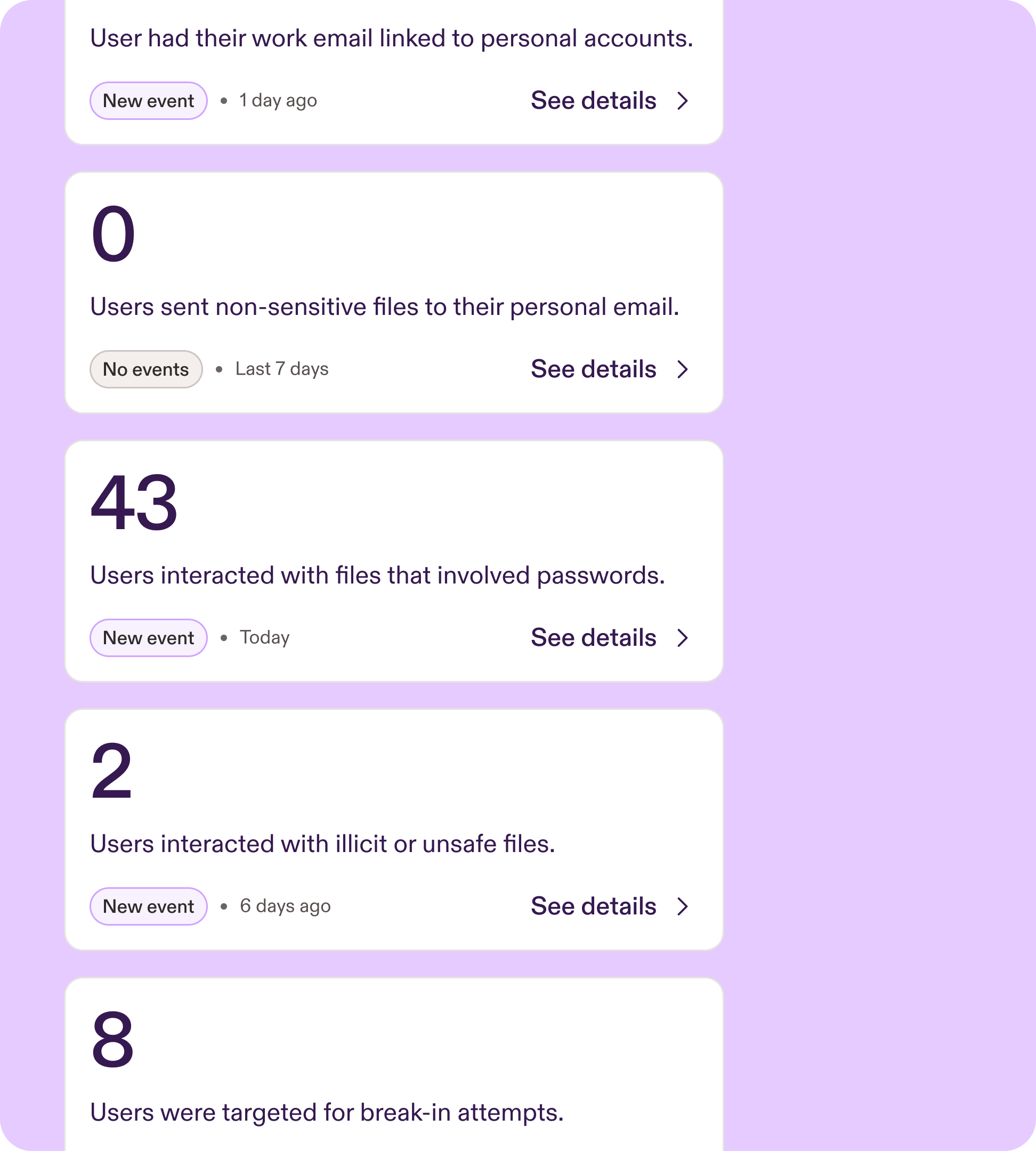 Vertical stack of five UI cards on a light purple background. Each card represents a different low-risk event tracked by Pistachio Presence, showing how many users were flagged, when the last event occurred, and a “See details” button. All cards highlight low-risk events that create small gaps in an organization’s security posture.