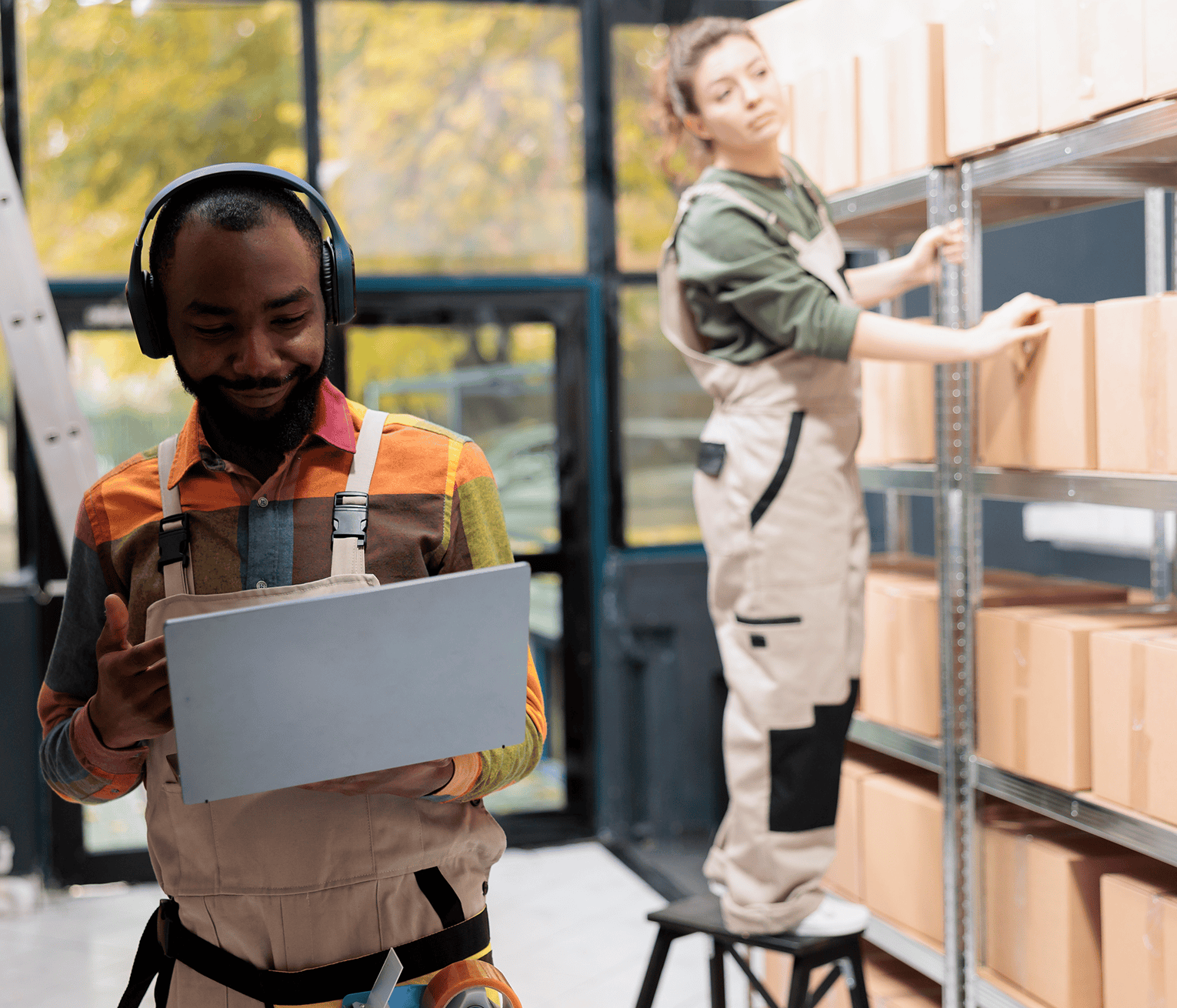 Employee reviewing information on a laptop in a warehouse while a colleague organizes inventory on storage shelves.