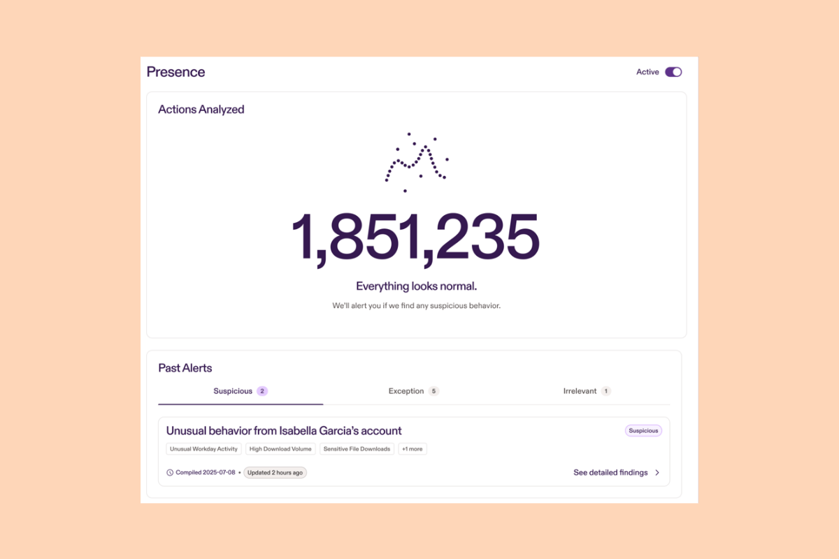Shows Presence dashboard with an alert for a user with suspicious activity.