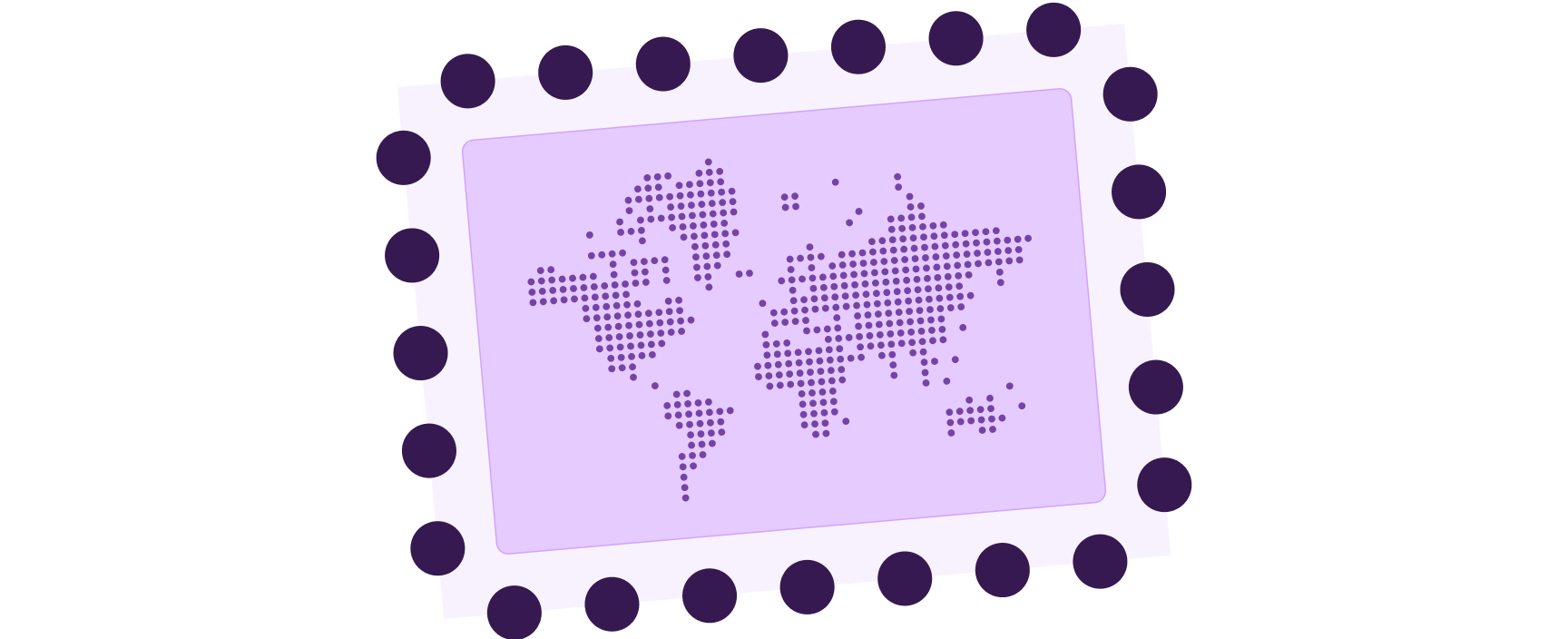 Postage stamp graphic with scalloped edges containing a dotted world map. The continents are formed by small dots arranged to show the global outline on a light purple background.