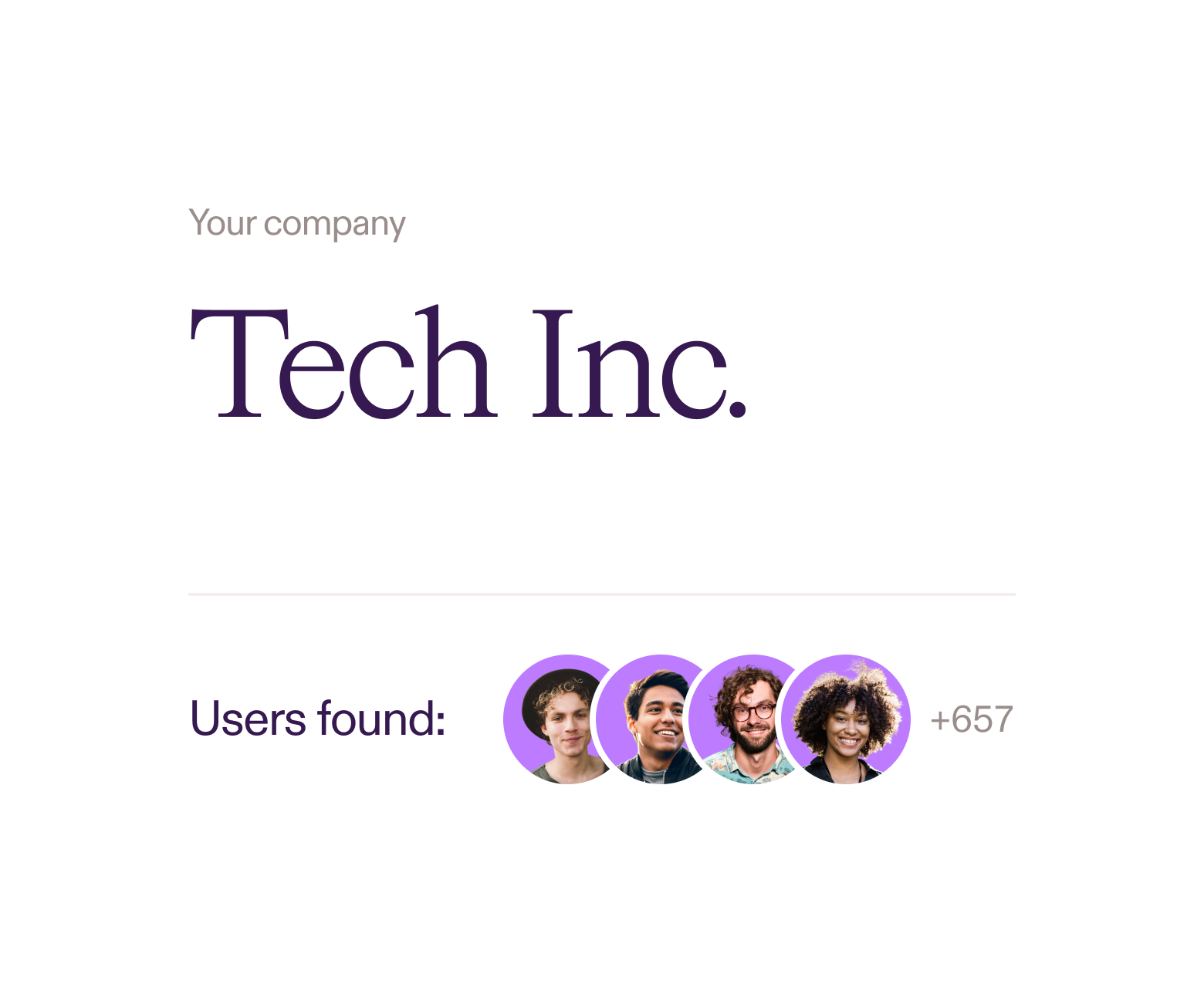 White card displaying the company name 'Tech Inc' with a message indicating synced employees. Four circular profile photos are shown, with a '+657' indicating additional users found.