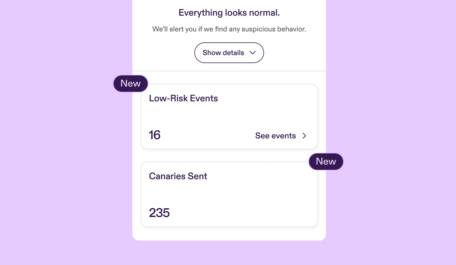 Pistachio Presence dashboard on a light purple background. The product is active. “Everything looks normal” with 1,851,235 indicates no insider threats detected. Two new features are highlighted: “Low-Risk events” (16) with a “See events” button, and “Canaries Sent” (235).