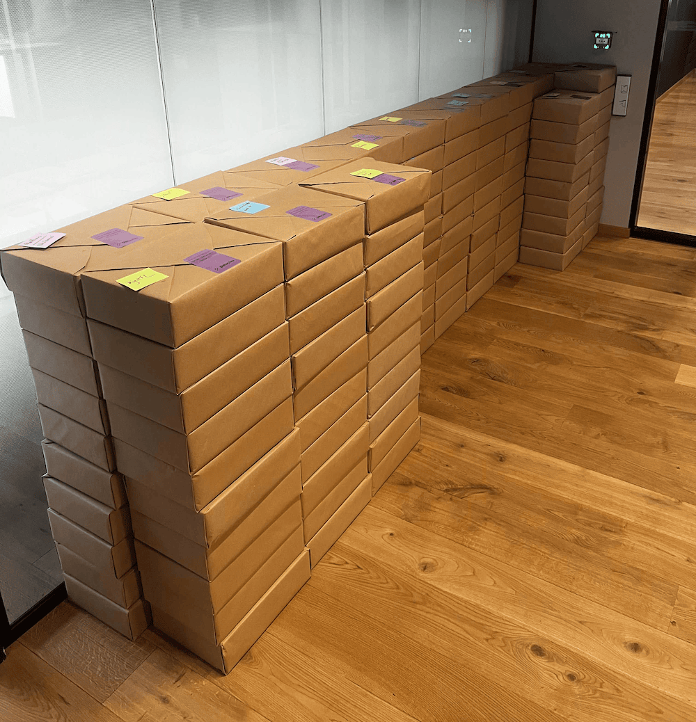 About a hundred and fifty wrapped boxes