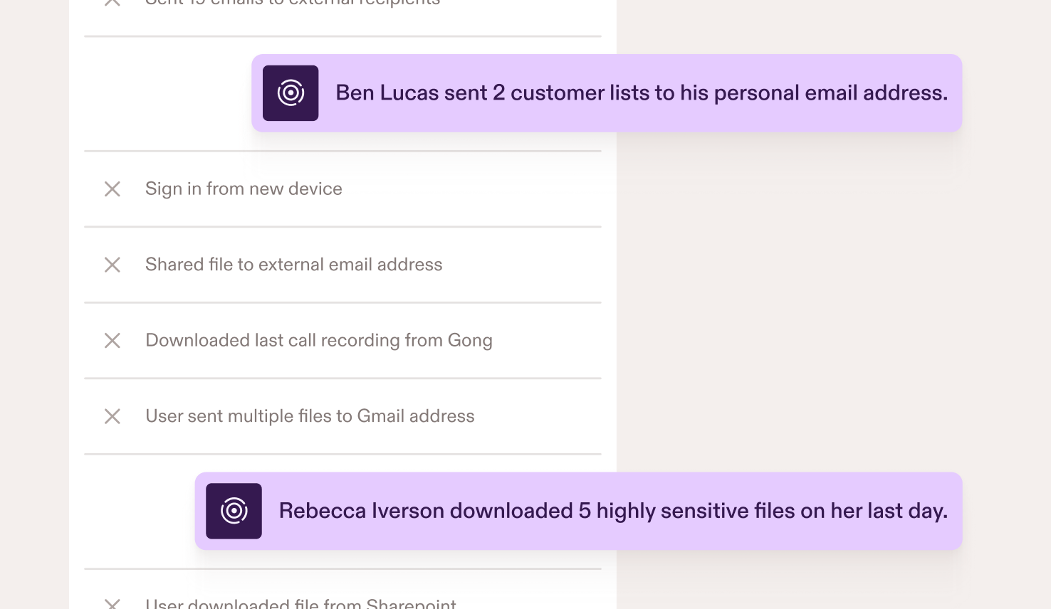 A vertical activity timeline lists user actions in muted gray, such as new device sign-ins and external file sharing. High-risk actions are emphasized with purple highlight cards, including sending customer lists to a personal email address and downloading highly sensitive files. The layout visually separates routine activity from flagged behavior through color and elevation.