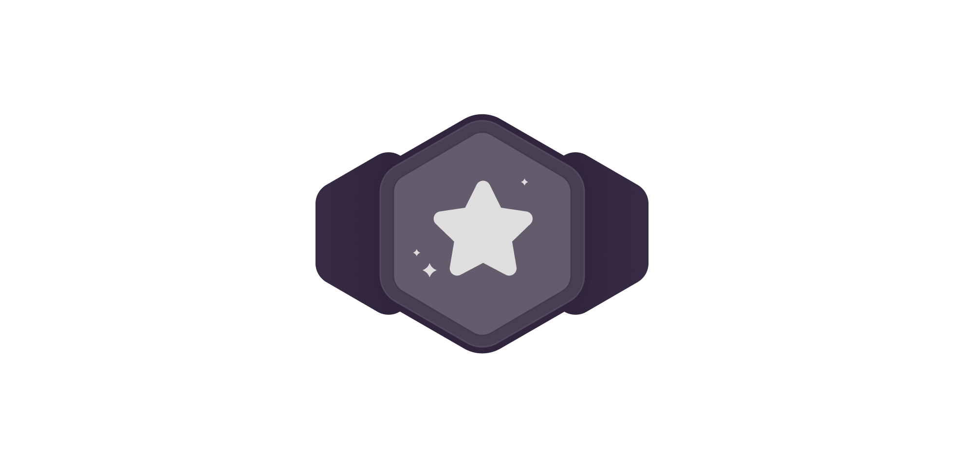 Hexagonal badge icon with a white star in the center and small sparkle decorations around it, with a few additional badges in the background.