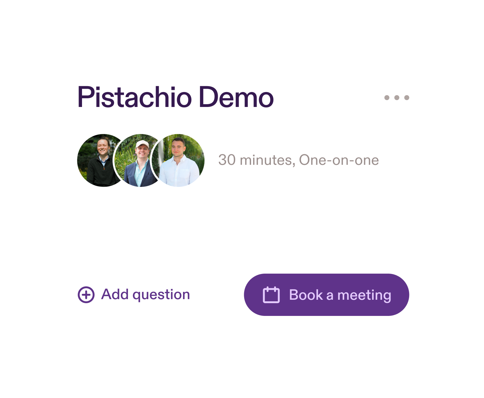 White card indicating there is an option to book a meeting with a Pistachio sales team, featuring a button labeled 'Book a Demo.'